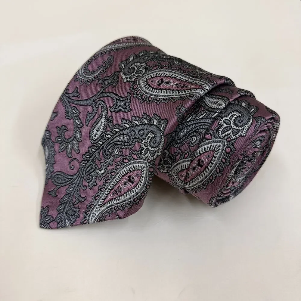 Robert Talbott Mauve Purple Gray Paisley 100% Silk Tie Men's Burgundy Tipped Cla